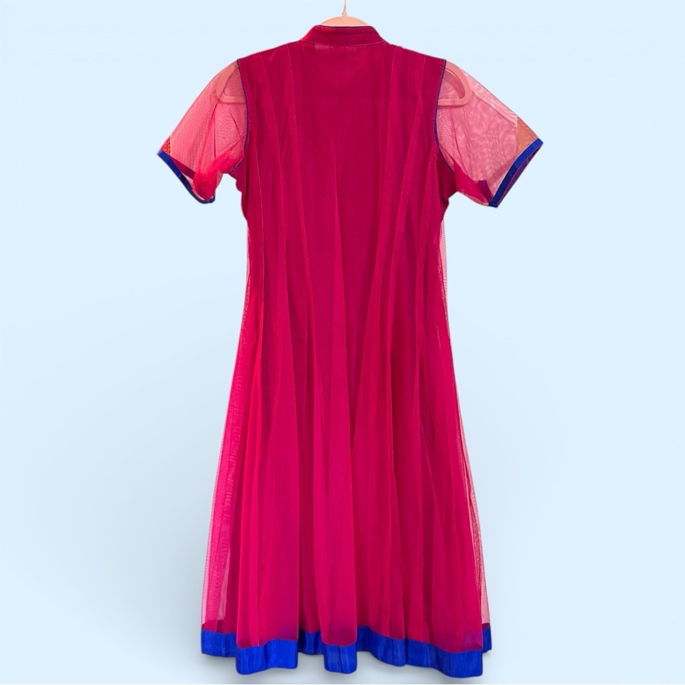 Magenta Embroidered Anarkali Gown Handmade Lined Tulle Outer Layer Indian Sz M - Picture 2 of 15